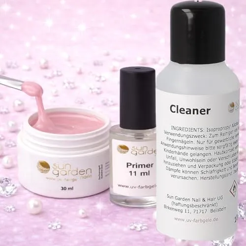 Sun Garden Nails Nailset mit Aufbaugel Natural Nude 30ml mit Nail Primer und Nagel Cleaner 100ml Nagelgel Set zur Nagelverlängerung Aufbaugel für Gelnägel