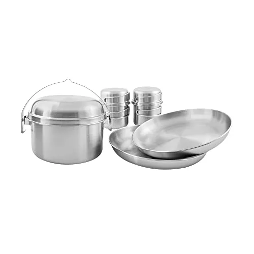 Tatonka Camping-Kochgeschirr Picnic Set II (8-teilig) - Edelstahl-Geschirr fürs Picknick zu zweit - Mit Topf, Deckel, 2 Teller und zwei Becher mit Deckeln - Schadstofffrei & lebensmittelecht, 30 x 26,5 x 13 cm