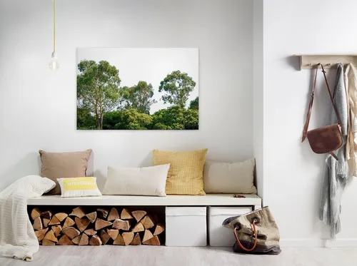 Baumwipfel Leinwandbild Grün Weiß 90x60 - Bilder & Drucke, stilvolles Wandbild im Baum-Design, ideal für eine natürliche Atmosphäre in jedem Raum.