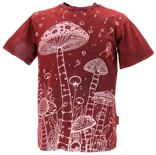 GURU SHOP Tibet & Buddhist Art T-Shirt, Pilz Stonewash T-Shirt - Rot, Herren, Baumwolle, Size:L