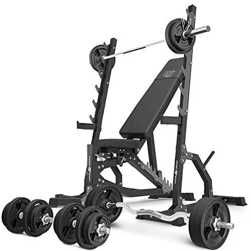 Marbo Sport Set MS8_2.0_113KG_G | Doppelseitig verstellbare Hantelbank und Multilevel-Ständer - Stationen & Hantelbänke, perfektes Set mit 113 kg gummierten Hantelscheiben für effektives Training und optimale Anpassung.