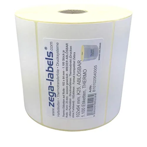 Thermo Etiketten auf Rolle - 102 x 64 mm - 1.100 Stück je Rolle - Kern: 25 mm - aussen gewickelt - WIEDER ABLÖSBAR - Druckverfahren: Thermodirekt (Drucken ohne Farbband)
