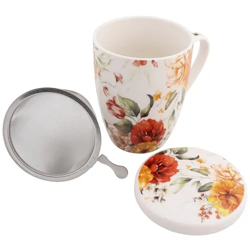 Teeset: Porzellanbecher, Tasse mit Teesieb und Deckel für Kräuter – verpackt in einer Geschenkbox (I)