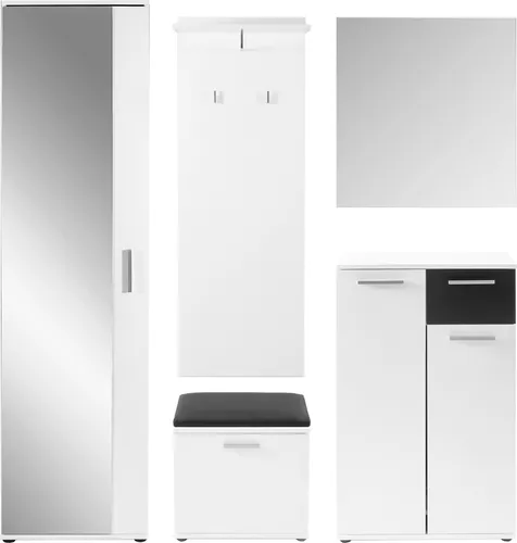 byLIVING 5-teiliges Garderobenset Jakob, in weiß/schwarz, mit Spiegel, Schuhkommode, Wandpaneel, Sitzbank und Hochschrank