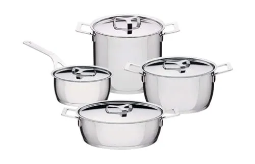 Alessi Pots&Pans - 9-teiliges Topf-Set - Kochtöpfe aus hochglanzpoliertem Edelstahl 18/10, ideal für alle Herdarten, inklusive Induktion. Mit funktionalen Details wie einem praktischen Deckelgriff für sicheres Anheben.