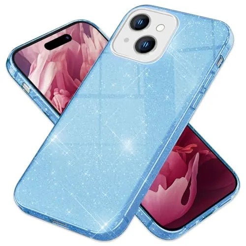 NALIA Glitzerhülle für iPhone 15 - Funkelnder Glitzer-Look & Grip - SHINEPOP (Silikon Case) - Marke aus Berlin, Farbe:Blau
