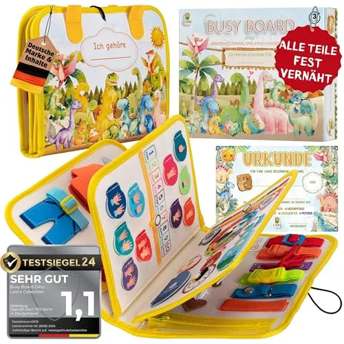Lion’s Collection® Busy Board Deutsch - Montessori Spielzeug für Kinder - Sortier- & Stapelspielzeug zur Förderung von Motorik und Kreativität, mit 20 Spielen auf 6 Seiten in deutscher Sprache - ideal für Reisen und lange Autofahrten.