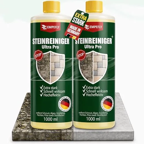 Steinreiniger Ultra Pro – Intensiver Terrassenreiniger für außen (2x1 Liter) - Kraftvoller Steinreiniger für die schnelle Schmutzentfernung auf Pflastersteinen und Terrassen. Ideal für die gezielte Reinigung stark beanspruchter Steinflächen im Außenbereich.