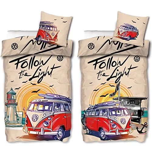VW Volkswagen Bulli Bettwäsche Follow The Light - Bettwäsche-Set für VW-Fans, 100% Baumwolle in Linon-Qualität, mit Reißverschluss und zwei Retro-Motiven für optimalen Schlafkomfort.
