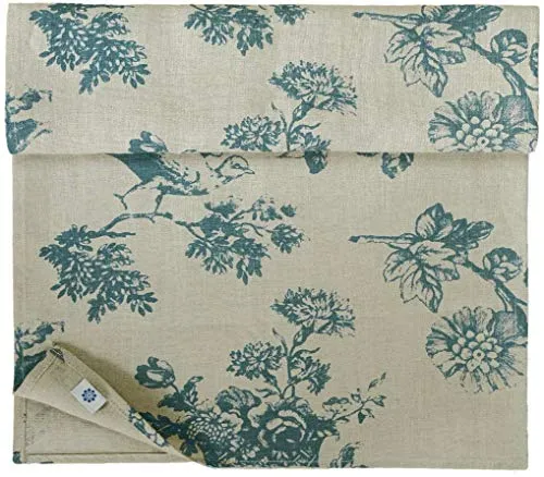 Linen & Cotton Hochwertiger Tischläufer Stoff Tischband Tischdeko Flores mit Blumen Motiv - 100% Leinen, Beige Blau (40 x 140 cm) Vintage Klein Läufer Tisch Couchtisch Deko für Home Küche Esszimmer