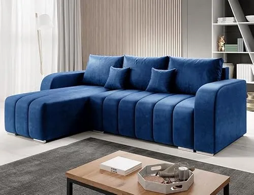 ML Furniture Ltd Velvet Ecksofa in L-Form 245 x 86 x 147 cm mit Schlaffunktion und Bettzeugbehälter - Schlafsofa mit Bettkasten - Eckcouch mit Stauraum - Links Couch Velours - Farbe: Blau MO77