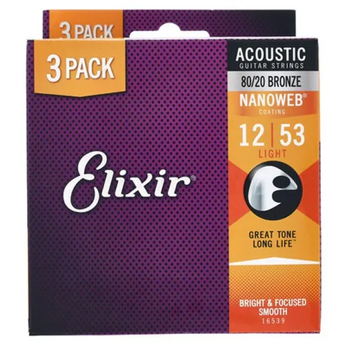 Elixir Strings Akustikgitarrensaiten - 80/20 Bronze mit NANOWEB-Beschichtung, langlebiger und brillanter Ton, 3er-Pack Light 12-53
