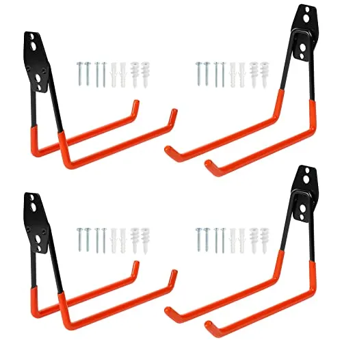 Knpwer 4 Stück Garagenhaken,Garage Storage Doppelhaken Wandhaken,Heavy Duty Wandhalterung Werkzeughalter für Schüttgüter,Fahrräder (Orange, 19 * 16cm)