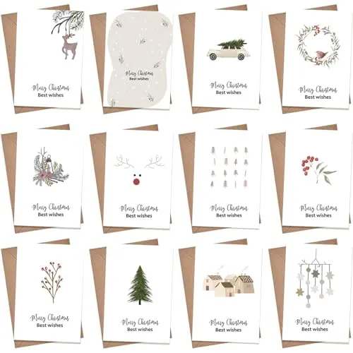 FiveMileBro Weihnachtskarten mit umschlag set, 12er weihnachtskarten A6 postkarten set mit weihnachtlichen motiven weihnachtsgrüße, weihnachtskarte für familie freunde (A)