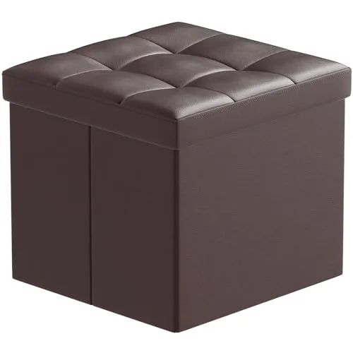 BRIAN & DANY Sitzhocker mit Stauraum, Faltbar Sitzbank Klein Hocker mit Deckel, Leder Fußhocker Aufbewahrungsbox Gepolstert für Wohnzimmer Schlafzimmer, Braun, 38 x 38 x 38cm
