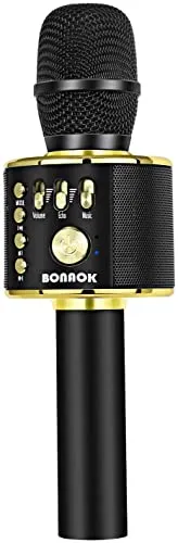BONAOK 3 in 1 Kabelloses Bluetooth Mikrofon, Karaoke Lautsprecher Maschine für Kinder, Tragbares KTV für zu Hause, Kompatibel Mit IOS Android Geräten (Schwarz Gold)