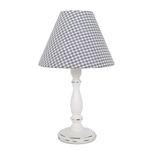 Tischlampe LITTLE COTTAGE – Weiß Grau aus Holz, H40cm - Lampen: Stilvolle Tischlampe im Shabby Chic Design, ideal für jedes Zimmer, mit einem charmanten karierten Lampenschirm.