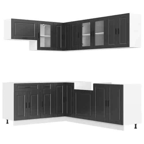 vidaXL 11-tlg. Küchenschrank-Set Porto Schwarz - Küchenunterschränke mit elegantem Design und viel Stauraum. Robuster Holzwerkstoff, pflegeleicht und mit verstellbaren Füßen für optimale Anpassung.