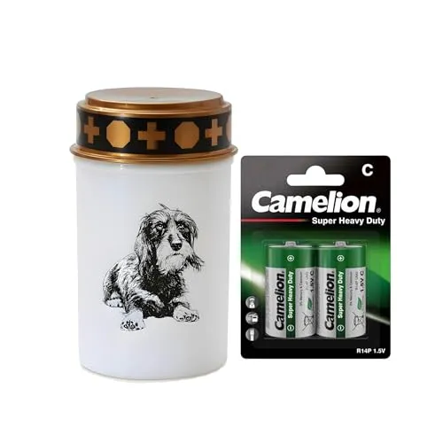 Fachhandel Plus LED Grablicht Hund mit Batterien – Grabkerze LED, wetterfeste Grableuchte Ewiges Licht mit Hundemotiv, warm flackerndes Gedenklicht für Tiergrab & Gedenkstätte (Weiß, Rauhaardackel)