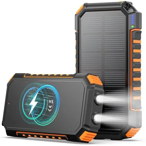 A ADDTOP Solar Power Bank – 20000mAh kabelloses PowerBank mit USB C – 3,0A Schnellladefunktion Tragbares Ladegerät für Smartphones Tablets – 2 Taschenlampen für Camping und Outdoor