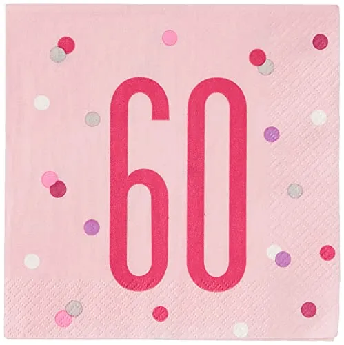 Papierservietten - Zahl 60 - 16,5 cm - Glitzer Rosa & Silber Geburtstag - 16er-Packung