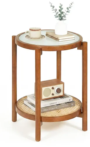 COSTWAY Runder Couchtisch mit Glasplatte und Rattanablage