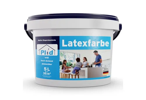 Plid® Latexfarbe Weiß matt - Abwaschbare Innenfarbe für Küche & Bad - Latexfarbe für strapazierfähige Innenanstriche, leicht zu reinigen und scheuerbeständig. Ideal für Küche und Badezimmer, Made in Germany.
