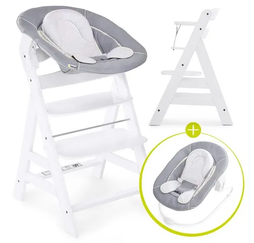 Hauck Hochstuhl Alpha Plus White Newborn Set (Set), Holz Babystuhl ab Geburt mit Aufsatz für Neugeborene höhenverstellbar