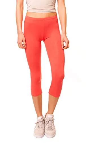 Easy Young Fashion - Damen Basic Capri Leggings - elastische 3/4 Baumwoll Viskose Stretch Hose 1077 - OneSize (Koralle)
