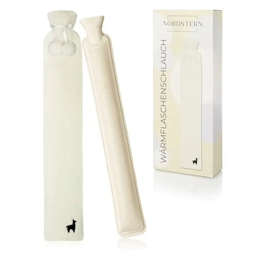 Nordstern Wärmflaschen Schlauch Lang mit Bezug - Flauschige Nackenwärmflasche für die Schultern - Längliche Auslaufsichere Bettflasche 75 cm - Ideal für Erwachsene & Kinder