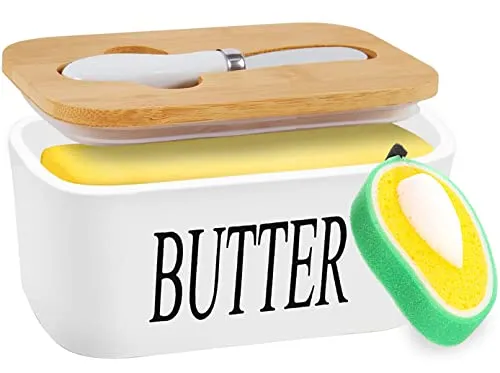 TWBEST Butterdose Porzellan,Butterschale mit Buttermesser für 250g Butter+Reinigungsschwamm,Nachhaltiger Behälter aus Bambus mit Deckel,Umweltfreundliche mit Bambusdeckel
