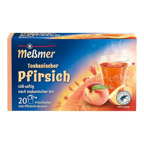 Meßmer Ländertee Toskanischer Pfirsich | Früchtetee mit Pfirsich-Aroma - Teesorte mit fruchtigem Pfirsich-Aroma, ideal für entspannte Genussmomente. 20 Teebeutel pro Packung, vegan und glutenfrei – perfekt für bewusste Ernährung.