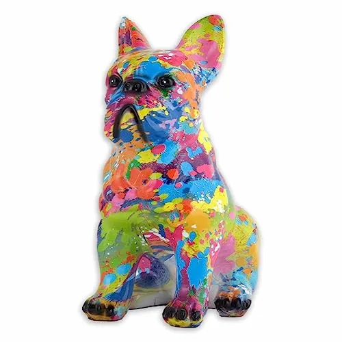 MONKIMAU Bulldoggen Figur mit bunten Farbpunkten Handgemachte Hundefigur aus Kunstharz Deko Wohnzimmer Garten Küche Tisch Deko Geometrische Bulldogge Skulptur