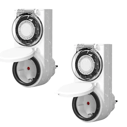 HBN 2X Zeitschaltuhr Steckdose Aussenbereich, IP44 Outdoor Mechanische Timer mit Kindersicherung & Schutzabdeckung, Analoge Tageszeitschaltuhr für Außen, 16A/3.680W
