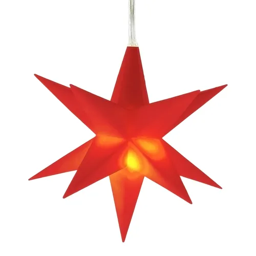 3D Weihnachtsstern warm weiß beleuchtet 12 cm - rot - LED Fensterdeko mit Timer - Roter 3D Weihnachtsstern (12 cm) aus Kunststoff mit warm weißer LED-Beleuchtung. Ideal für stimmungsvolle Fensterdekoration, inklusive Aufhängeschlaufe und 150 cm Zuleitungskabel. Batteriebetrieben (2x AA, nicht enthalten).