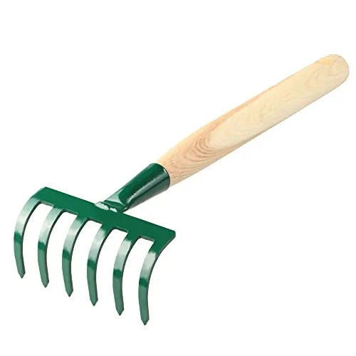 KADAX Kleine Harke aus Metall, Rechen mit Stiel aus Holz, Laubbesen, Laubrechen, Rasenrechen für Garten, Gartenharke, Handrechen, Kleinfächerbesen (6 Zinken, Grün, Grün)