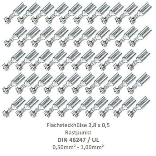 Flachsteckhülse 2,8x0,5 Kabelschuh unisoliert 0,50²-1,00² Rastpunkt DIN / UL 50