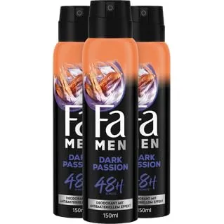 Fa Men Deodorant & Bodyspray Dark Passion (3x 150 ml), Deospray mit sinnlich-frischem Duft, Deo ohne Aluminium für bis zu 48 h Schutz, hinterlässt keine Rückstände
