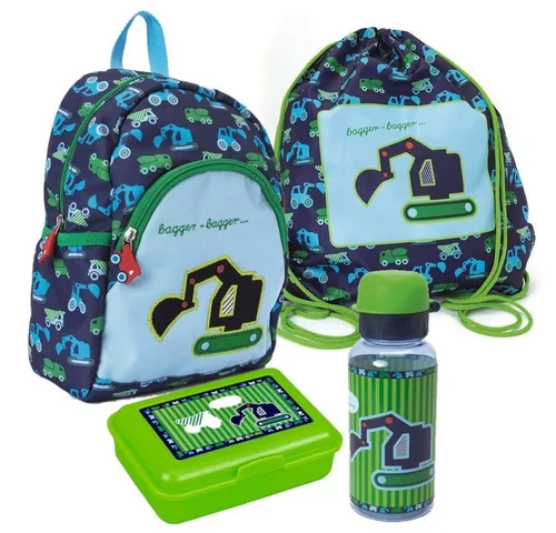 COPPENRATH DIE SPIEGELBURG Kindergartentasche Kleine Freunde Bagger - 4-teiliges Set - Kindergartentasche mit Bagger-Motiv, wasserabweisend und ideal für kleine Bau-Fans, inklusive Turnbeutel, Brotdose und Trinkflasche.