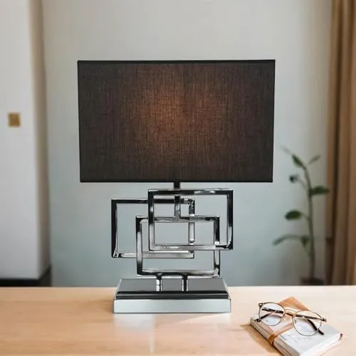 Tischleuchte Design eckig in Silber Schwarz - Moderne Tischlampe aus Metall und Stoff, ideal für Wohnzimmer und Schlafzimmer; bietet blendarmes Licht für eine gemütliche Atmosphäre.