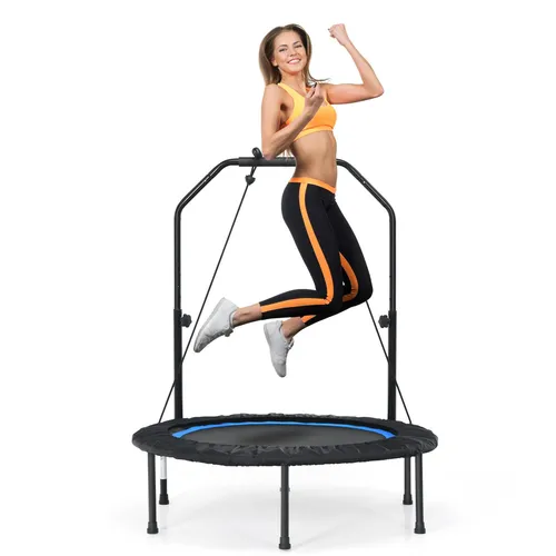 COSTWAY Mini Trampolin 101cm mit Widerstandsbändern - Klappbares Fitness-Trampolin für Kinder und Erwachsene, höhenverstellbarer Griff für individuellen Komfort und 150 kg Tragkraft, ideal für vielseitige Übungen drinnen und draußen.