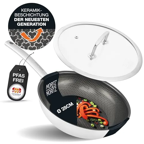Moritz & Moritz Edelstahlpfanne mit Deckel 28cm und Keramikbeschichtung der neuesten Generation - für alle Herdarten geeignet - Antihaft Pfanne Wabenstruktur zum Kochen, Braten und Schmoren