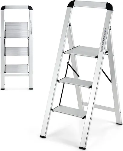 COSTWAY Trittleiter 3 Stufen Stehleiter, Aluminium Klappleiter bis 150 kg, Klapptritt Klappbar & rutschfest, Leiter Tritthocker Haushaltsleiter, für Zuhause Büro Garage, Silber (3-Stufen)