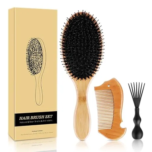 Haarbürste Natürliche Wildschweinborsten Haarbürsten Set für Damen und Herren, Bambus Paddle Haarbürste Geeignet für alle Haartypen und Länge, Inbegriffen Holz