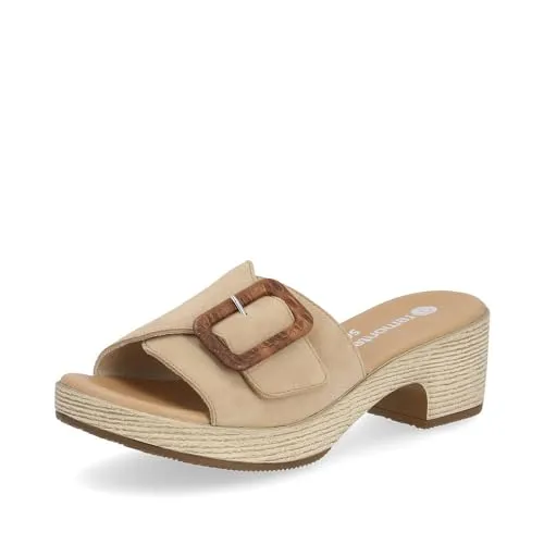 Remonte Damen Pantoletten D0N56, Beige Slipper für den Sommer - Pantoletten für Damen, aus hochwertigem Rauhleder mit bequemer PU-Sohle und 5.5 cm Blockabsatz – ideal für entspannte Sommertage.