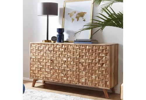Massivholz Sideboard 140cm Akazie Natur - Kommode im modernen Landhaus-Stil mit aufwendiger 3D Design Optik, bietet viel Stauraum durch 2 Türen und 3 Schubladen. Ideal für stilvolle Wohnräume.
