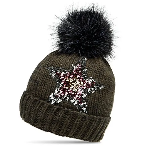 Caspar MU161 Damen Strick Winter Mütze mit Pailletten Stern und großem Fellbommel, Farbe:Oliv grün, Größe:One Size