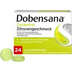 Dobensana Zuckerfrei Zitronengeschmack 1,2 mg - 24 Lutschtabletten - Zuckerfreie Lutschtabletten mit erfrischendem Zitronengeschmack. Ideal für die Anwendung bei Halsschmerzen, praktisch für unterwegs und angenehm im Geschmack.