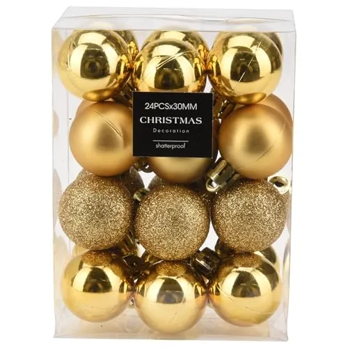 Mini Baumkugeln Ø 3 cm zum Hängen - Bruchsicher - Baumschmuck Kunststoff für Innen und Außen - Kleine Christbaumkugeln (Gold (matt + Glanz + Glitzer)) 24 x