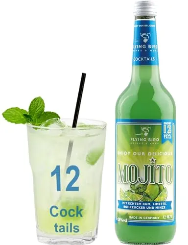 Flying Bird Mojito für 12 Cocktails fertig gemixt | 0,7l Flasche 28% vol mit Rum, Minze, Limette | Mit Sodawasser auf Eis servieren